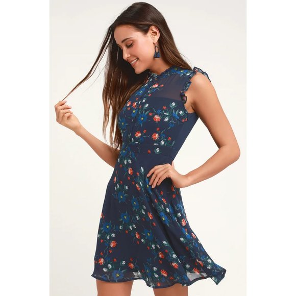 Lulus Dresses & Skirts - Lulu's Porch Swing Navy Floral Print Skater Dress